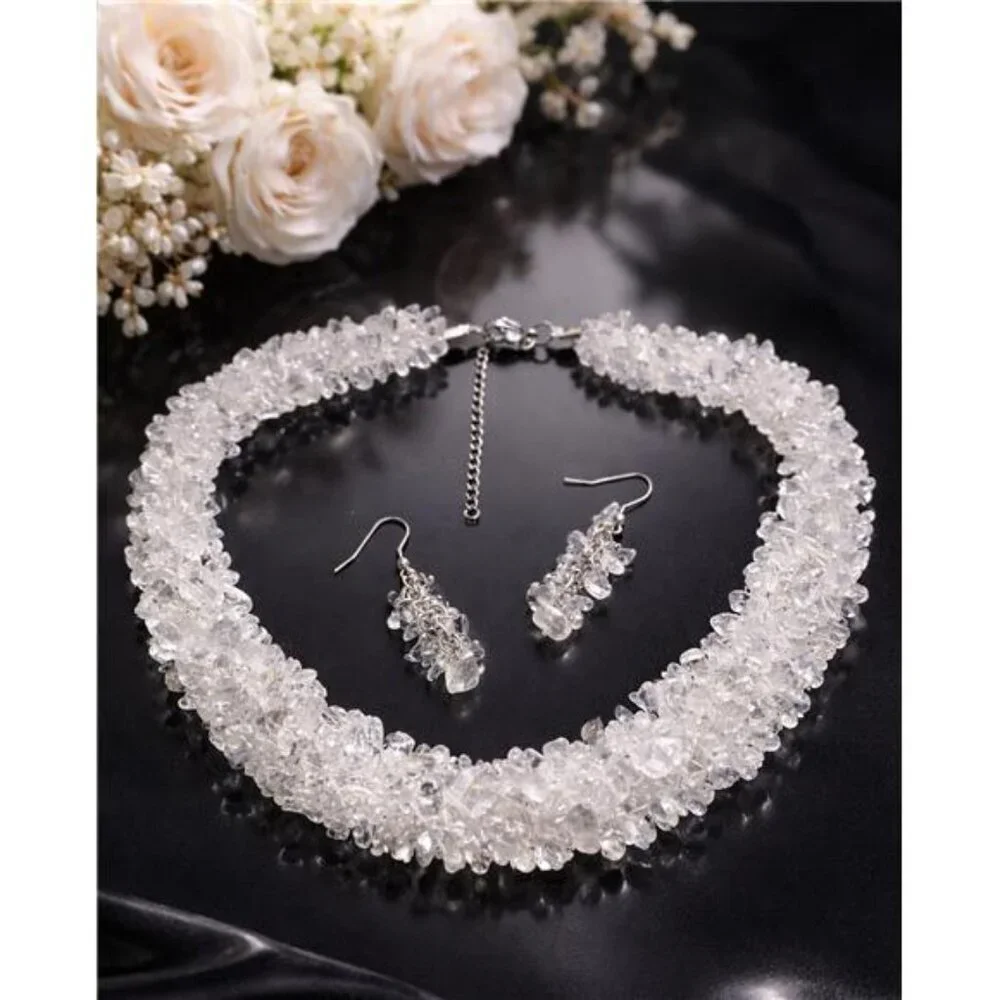 Clear Quartz Chip Necklace Earrings Set Natural Crystal Statement 21 In Adj.